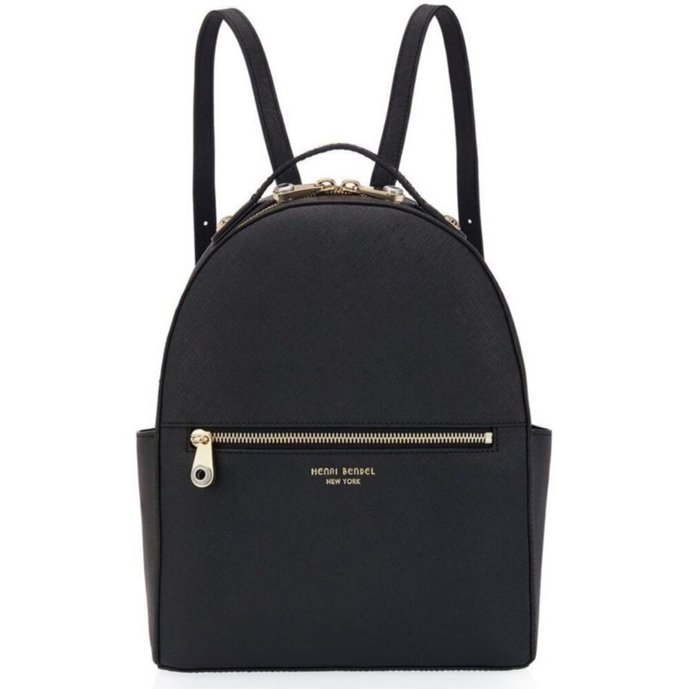 Henri Bendel West 57th Backpack Leather Round Bag Adjustable Straps Black Gold